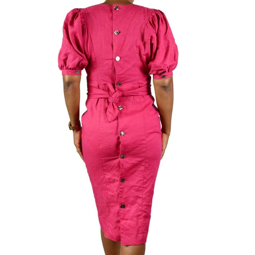 Vintage Ciro Pink Linen Dress Puff Sleeve Back Buttons Architectural 90s XS 2 - Picture 4 of 15